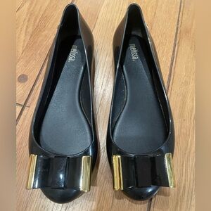 MELISSA black jelly flats with gold hardware detail wmns 9